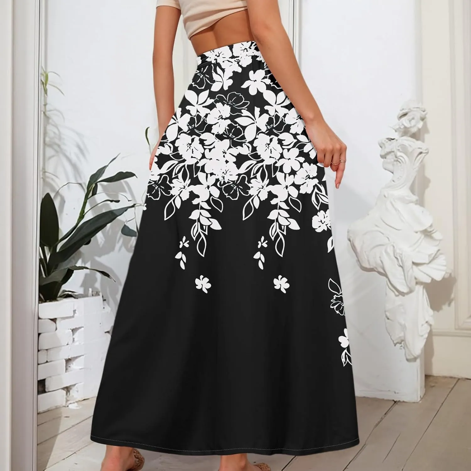 Women's Flowy Flared Ruffle Hem A Line Maxi Skirts Elastic Waist Elegant Tiered Layer Boho Long Skirts, S-2XL