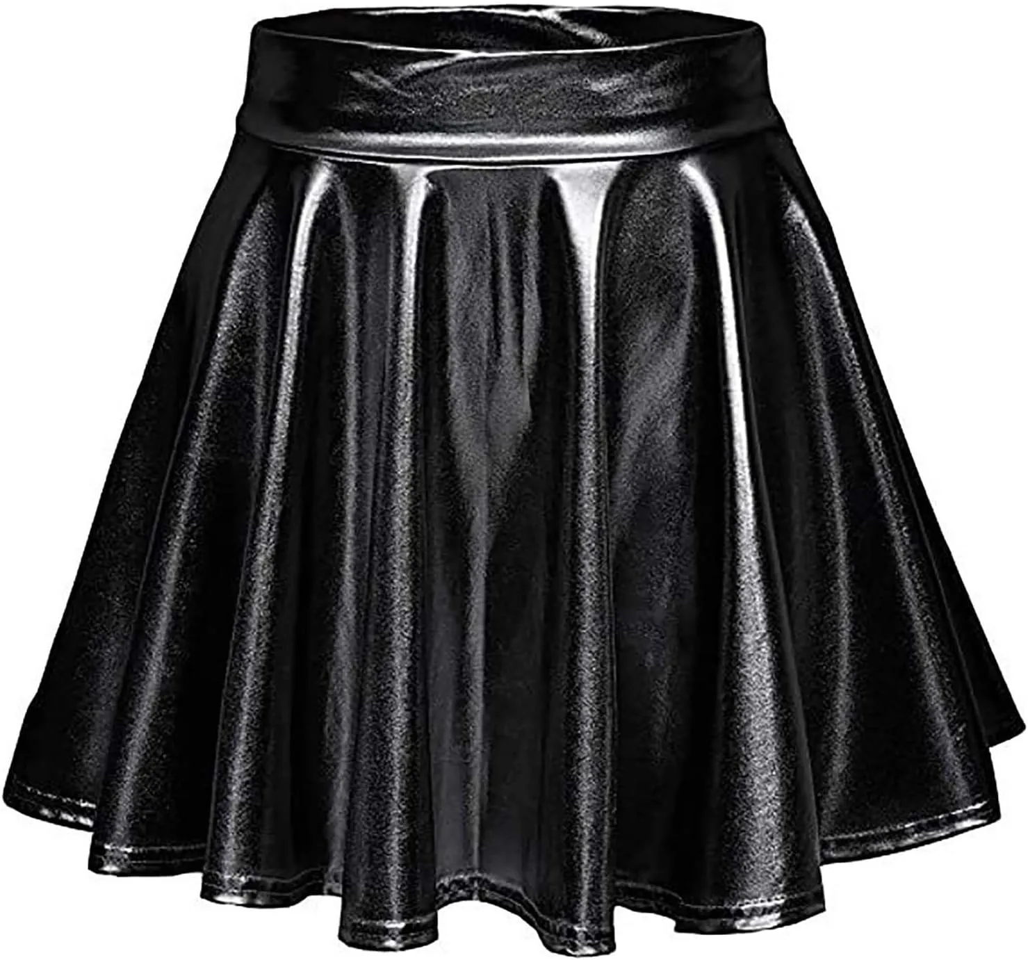 Women's Glossy PVC Leather Flared Skirt Shiny Glitter Holographic A Line Mini Skirts Nightclub Rave Pleated PU Skirt