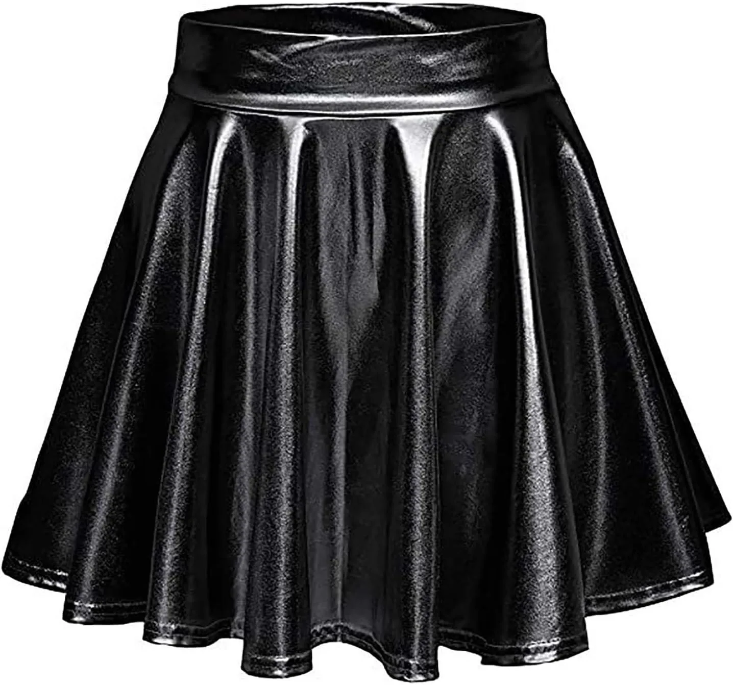 Women's Glossy PVC Leather Flared Skirt Shiny Glitter Holographic A Line Mini Skirts Nightclub Rave Pleated PU Skirt