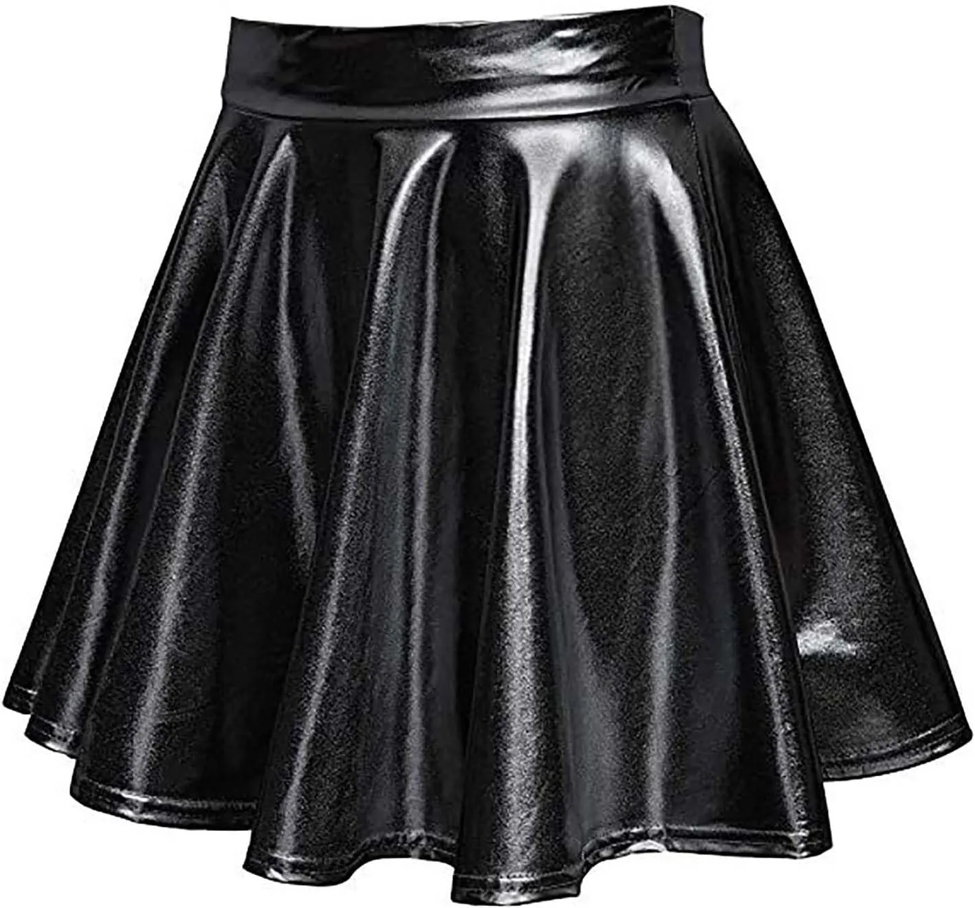 Women's Glossy PVC Leather Flared Skirt Shiny Glitter Holographic A Line Mini Skirts Nightclub Rave Pleated PU Skirt