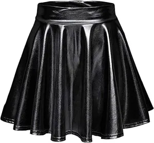Women's Glossy PVC Leather Flared Skirt Shiny Glitter Holographic A Line Mini Skirts Nightclub Rave Pleated PU Skirt