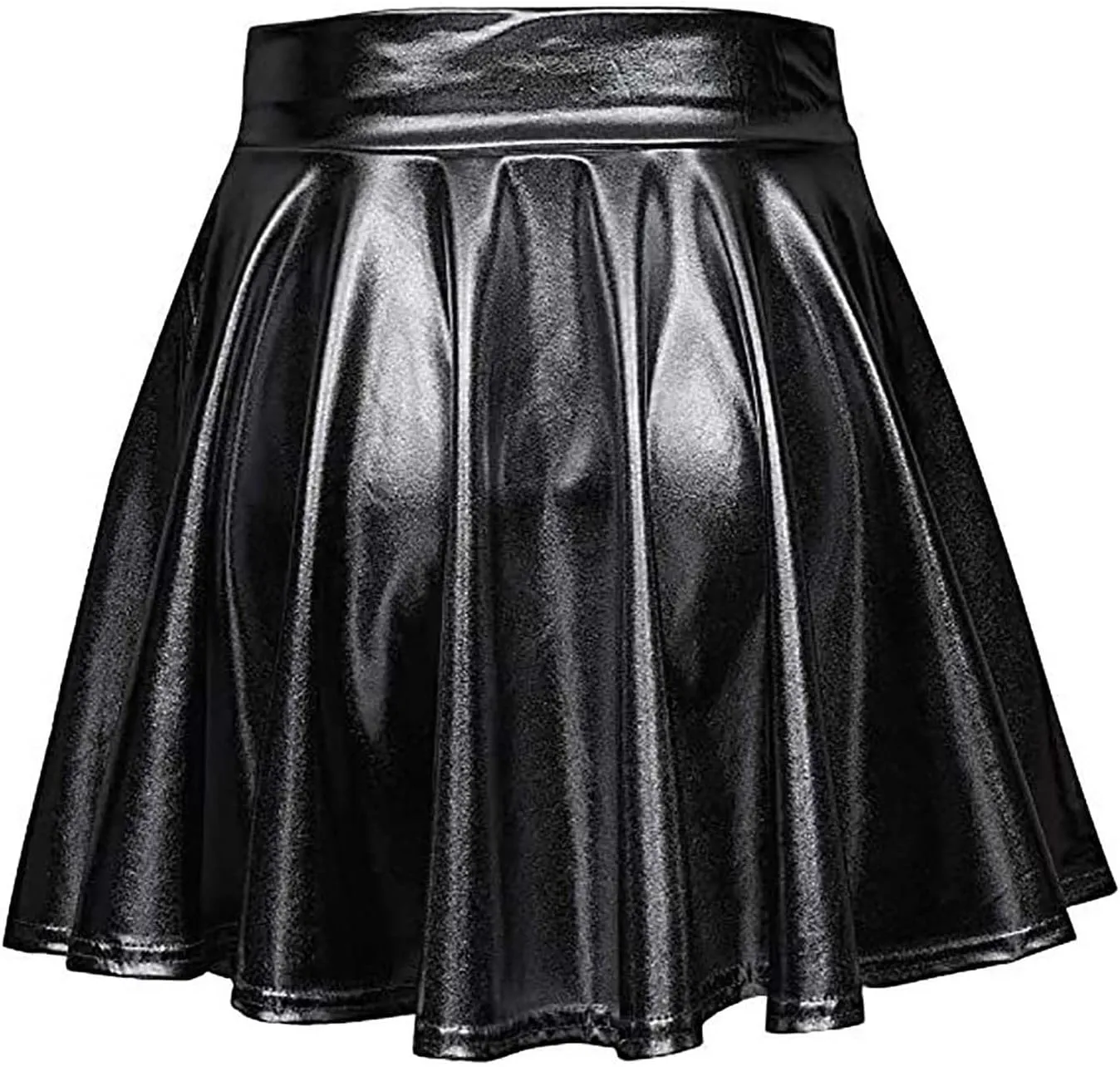 Women's Glossy PVC Leather Flared Skirt Shiny Glitter Holographic A Line Mini Skirts Nightclub Rave Pleated PU Skirt