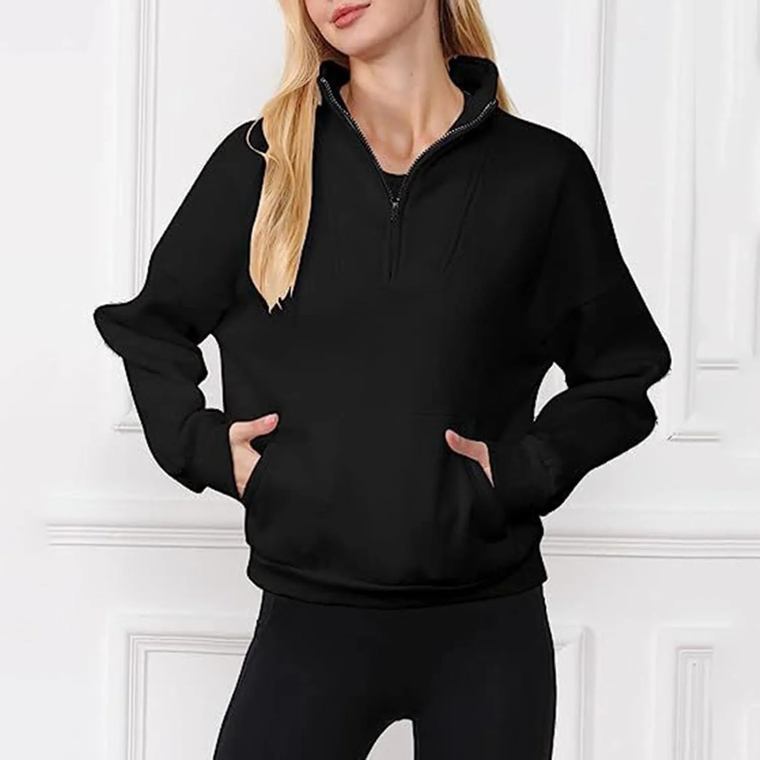 Women's Half Zip Sweatshirt Oversized Casual Long Sleeve Pocket Cropped Pullover Tops Fall Fashion Y2k Clothes