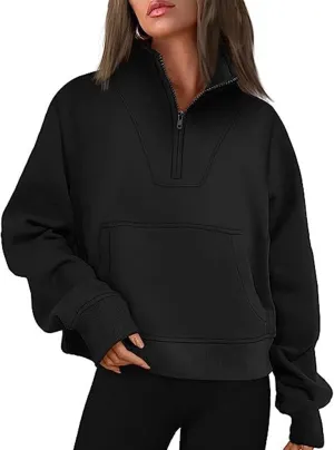 Women's Half Zip Sweatshirt Oversized Casual Long Sleeve Pocket Cropped Pullover Tops Fall Fashion Y2k Clothes