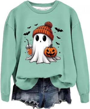 Women's Halloween Hoodies Autumn Fashion Loose Fit Long Sleeve Round Neck Poullover Tunics Fall Outdoor Workout Tops
