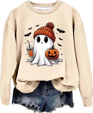 Women's Halloween Hoodies Autumn Fashion Loose Fit Long Sleeve Round Neck Poullover Tunics Fall Outdoor Workout Tops