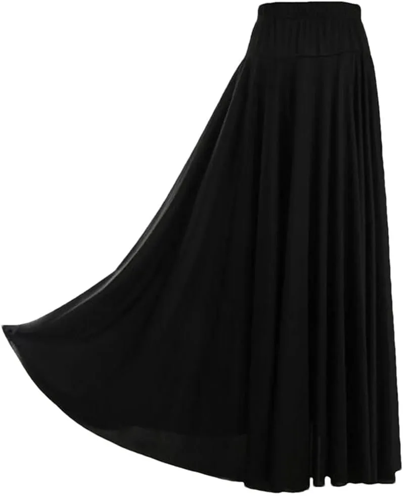 Womens High Waist A-Line Skirts Elastic Waistband Ruffle Casual Solid Color Maxi Skirt