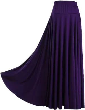 Womens High Waist A-Line Skirts Elastic Waistband Ruffle Casual Solid Color Maxi Skirt