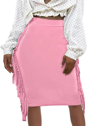 Women's High Waist Side Tassels Fringe Bodycon Pencil Midi Skirt