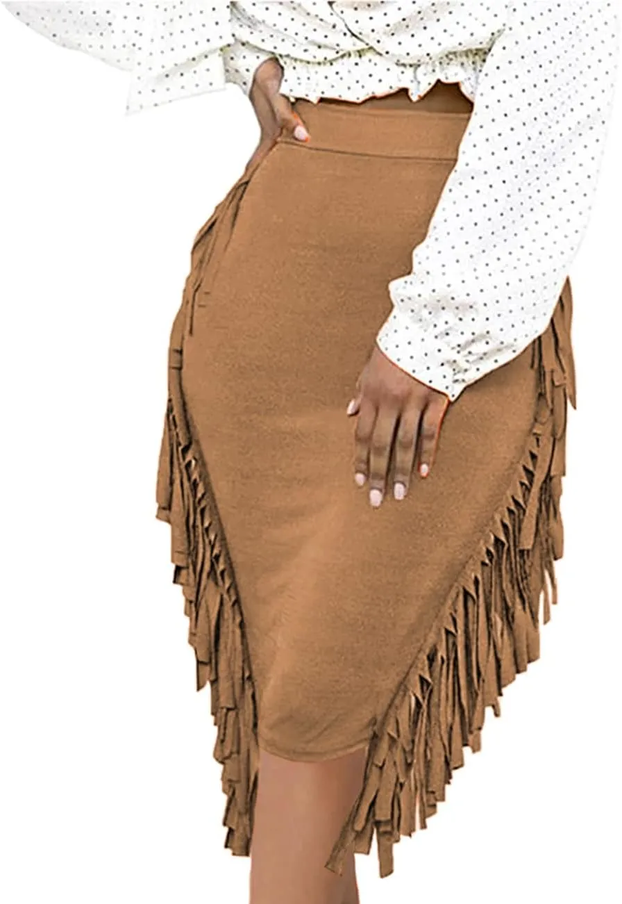 Women's High Waist Side Tassels Fringe Bodycon Pencil Midi Skirt