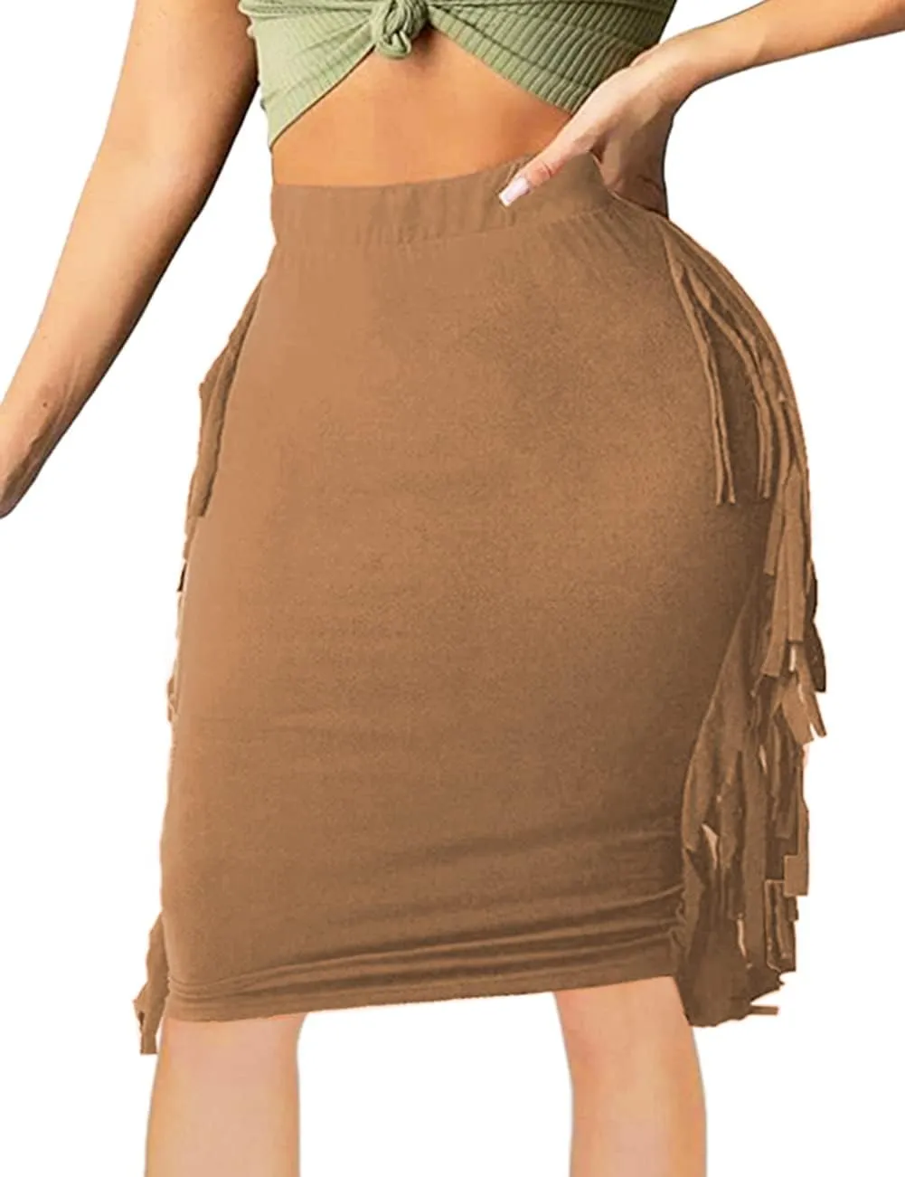 Women's High Waist Side Tassels Fringe Bodycon Pencil Midi Skirt