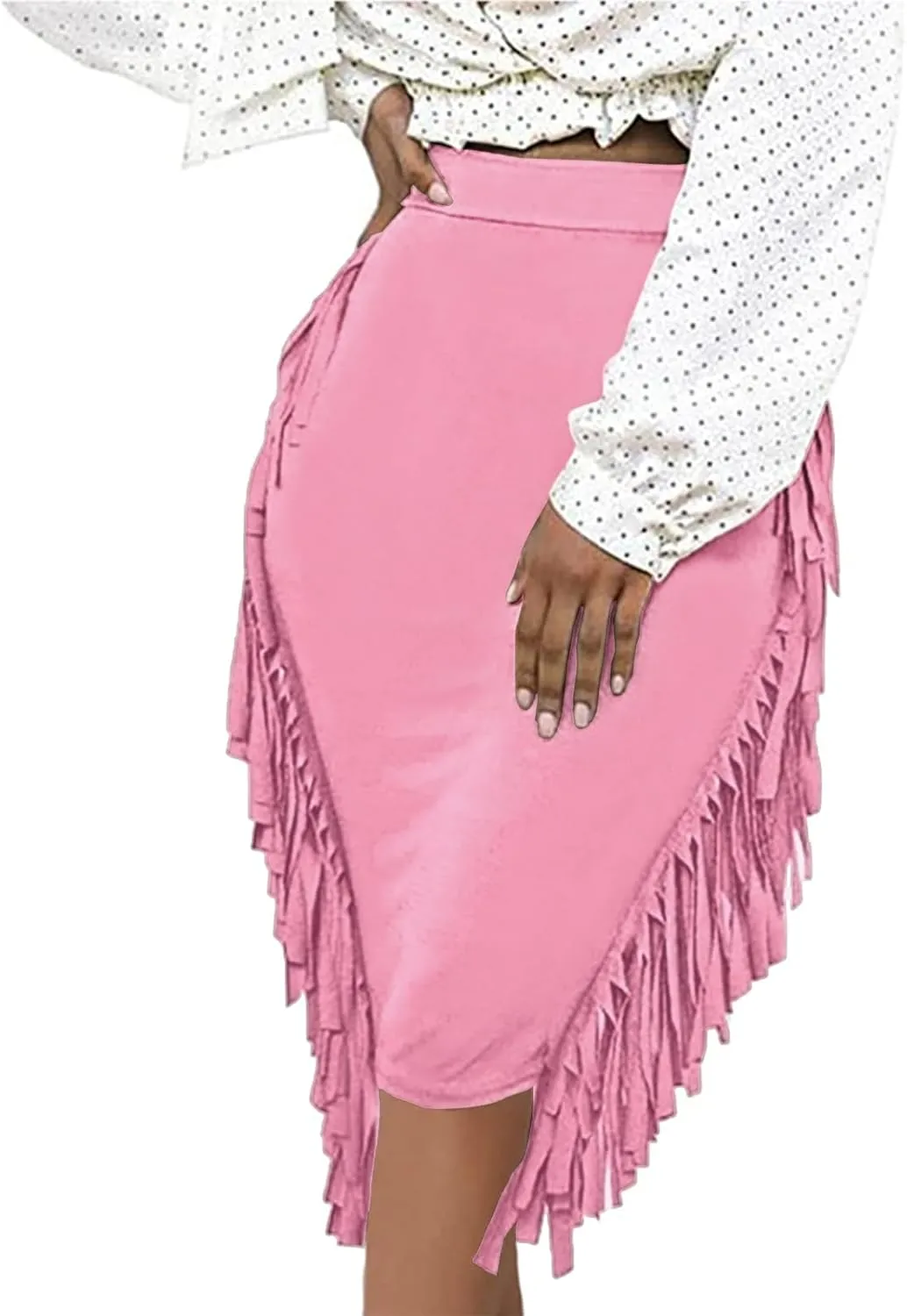 Women's High Waist Side Tassels Fringe Bodycon Pencil Midi Skirt