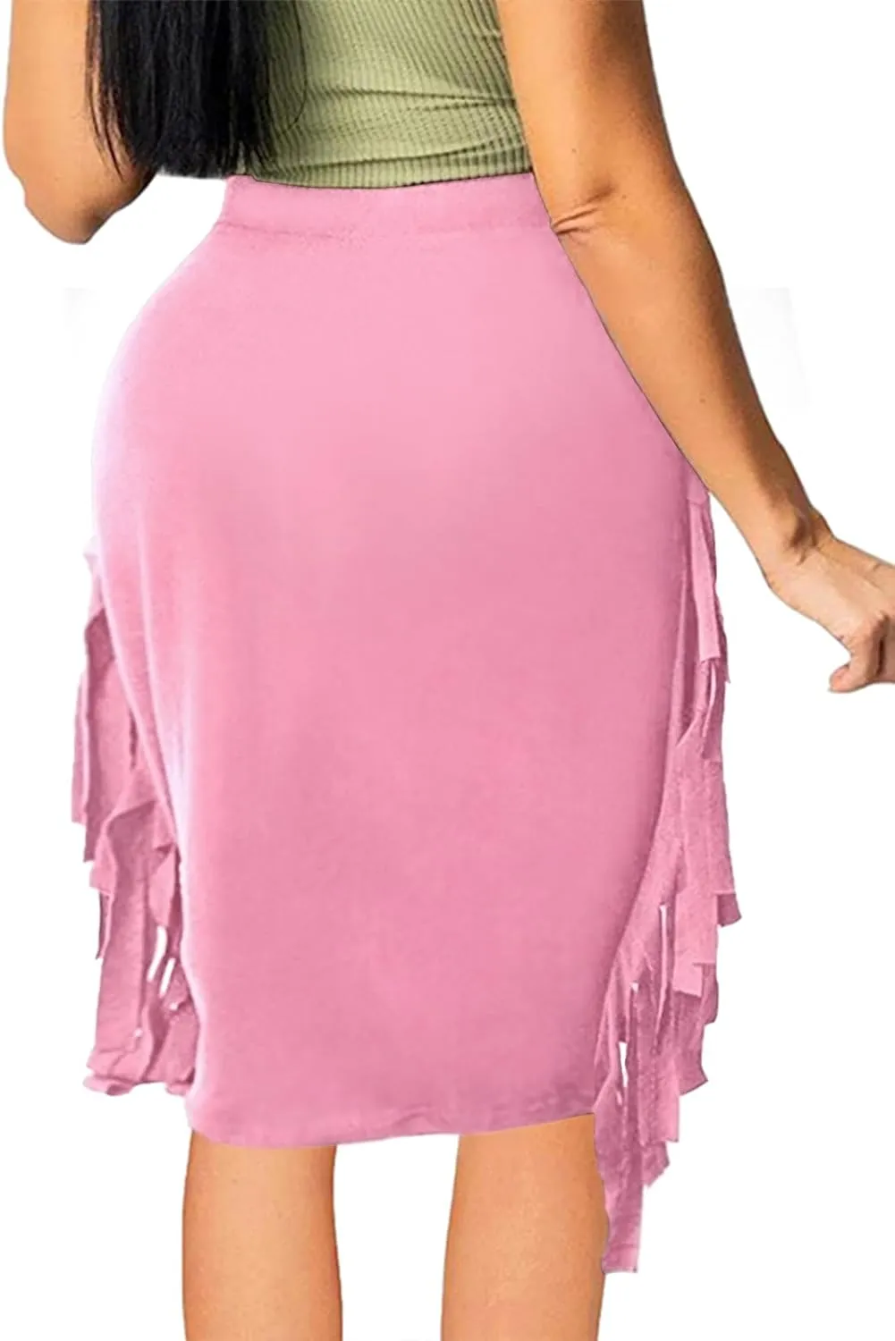 Women's High Waist Side Tassels Fringe Bodycon Pencil Midi Skirt