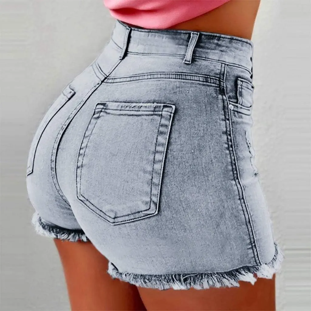 Women's High Waisted Denim Shorts Summer Hot Raw Hem Casual Jean Shorts with Pockets Fashionable Comfy Stretchy Button Pants