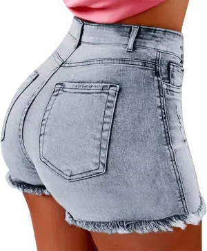 Women's High Waisted Denim Shorts Summer Hot Raw Hem Casual Jean Shorts with Pockets Fashionable Comfy Stretchy Button Pants