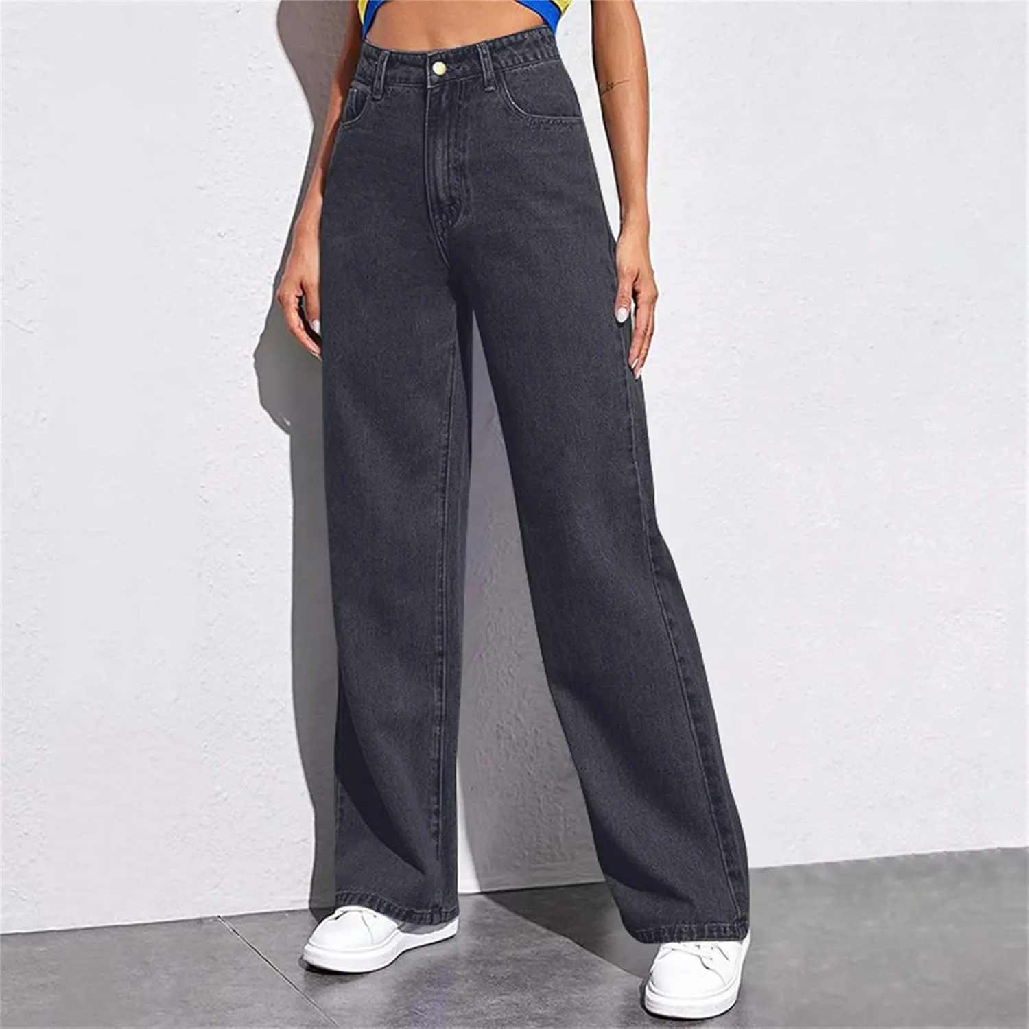 Women's High-Waisted Wide Leg Jeans Vintage Denim Pants Comfortable Casual Loose Fit Retro Style