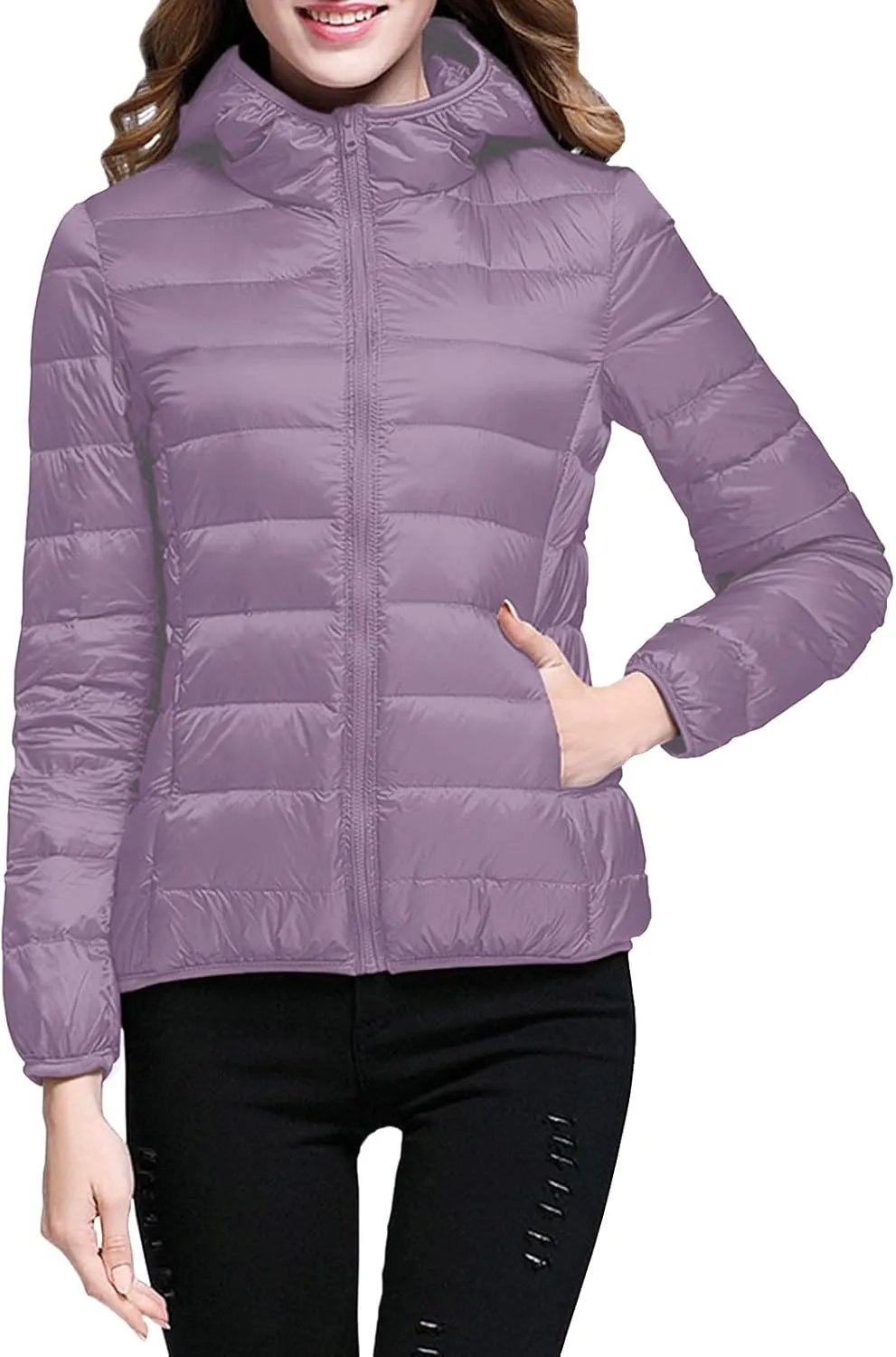 Womens Hooded Jacket Short Down Coat Hooded Packable Puffer Jacket Lightweight Warm Puffy Quilted Coat