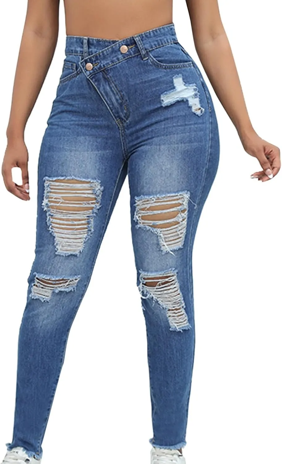 Womens Jeans High Waisted Ripped Stretchy Pants Classic Distressed Jeans Vintage Plus Size Destroyed Denim Pants