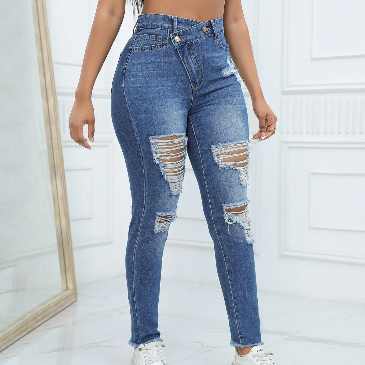 Womens Jeans High Waisted Ripped Stretchy Pants Classic Distressed Jeans Vintage Plus Size Destroyed Denim Pants