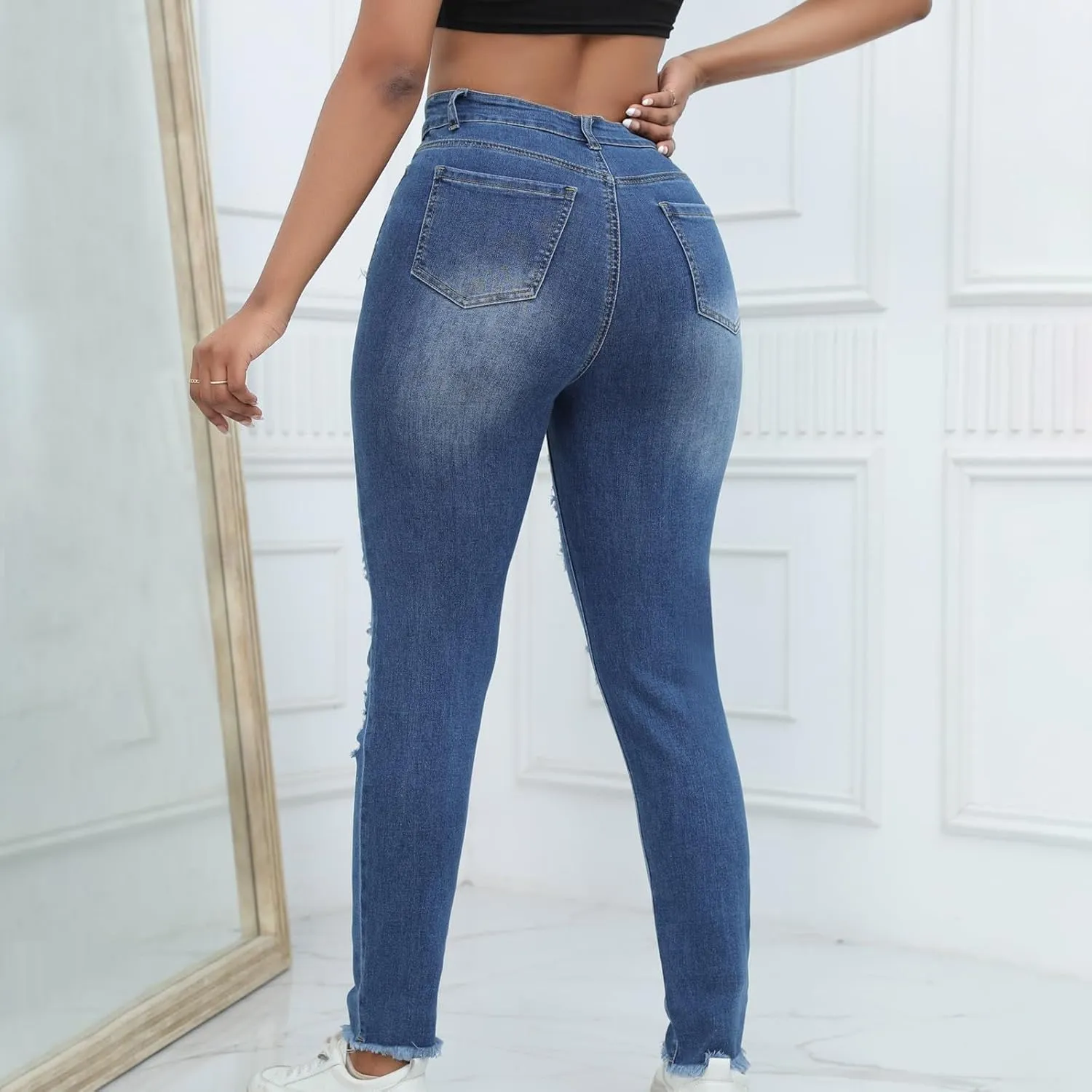 Womens Jeans High Waisted Ripped Stretchy Pants Classic Distressed Jeans Vintage Plus Size Destroyed Denim Pants