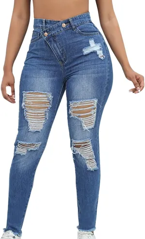 Womens Jeans High Waisted Ripped Stretchy Pants Classic Distressed Jeans Vintage Plus Size Destroyed Denim Pants