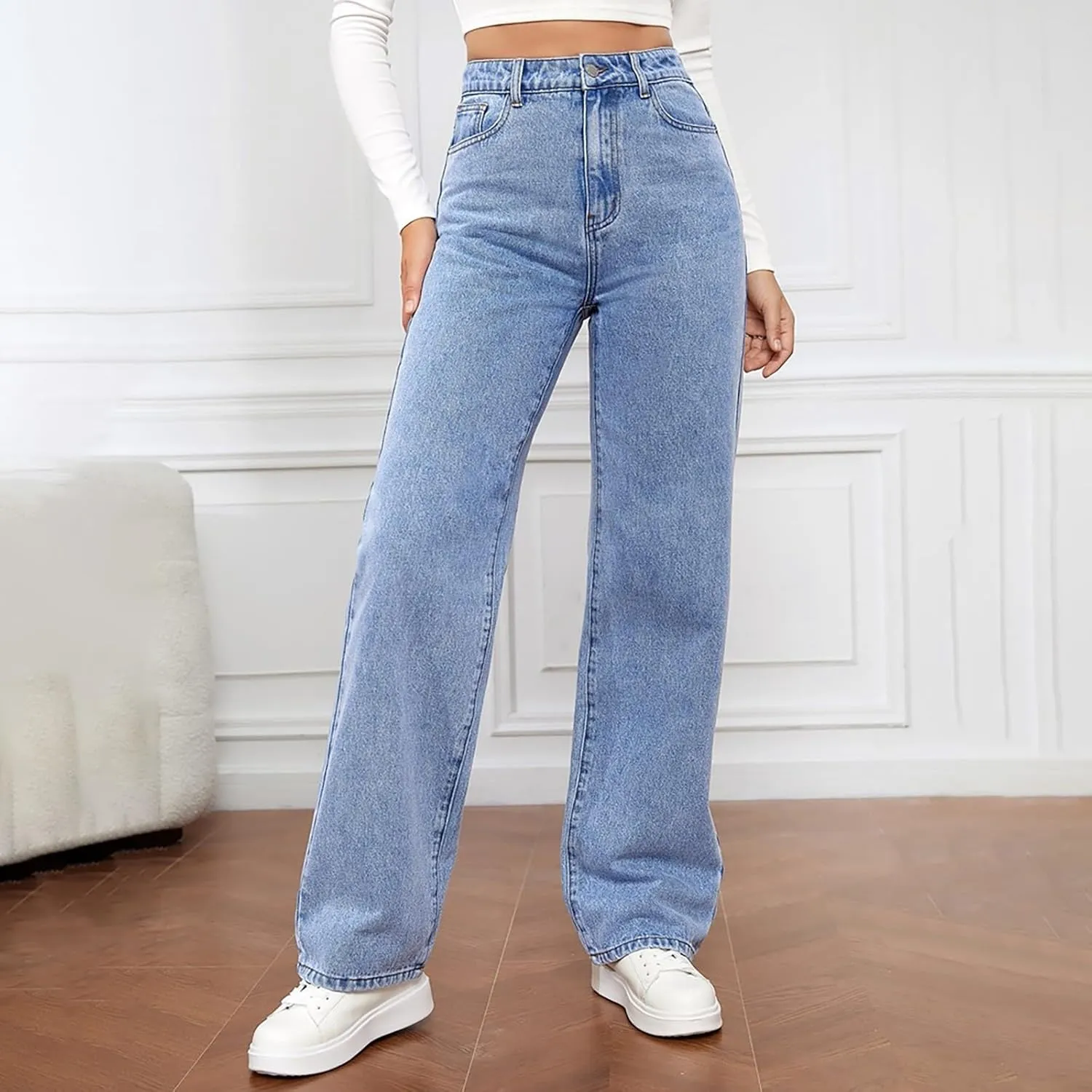 Women's Jeans High Waisted Wide Leg Straight Denim Pants Plus Size Stretch Bootcut Loose Casual Y2K Ankle Trendy with Pockets