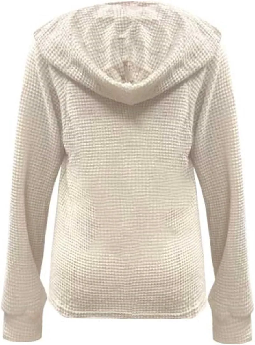 Women's Knitted Sweater Casual Slouchy Drawstring Hooded Crochet Hoodies Fall Trendy Long Sleeve Buttoned Ribbed Tops