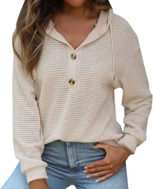 Women's Knitted Sweater Casual Slouchy Drawstring Hooded Crochet Hoodies Fall Trendy Long Sleeve Buttoned Ribbed Tops