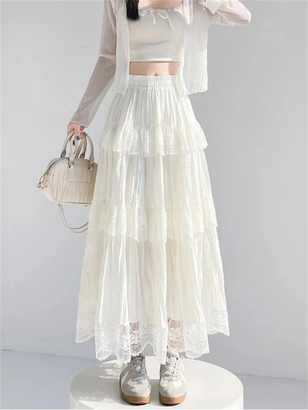 Women's Lace Patchwork Long Skirts High Waist Solid Pleated Cake A-Line Skirts