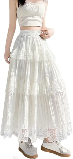Women's Lace Patchwork Long Skirts High Waist Solid Pleated Cake A-Line Skirts