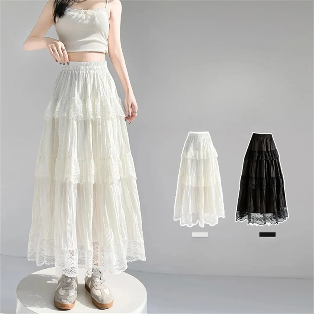 Women's Lace Patchwork Long Skirts High Waist Solid Pleated Cake A-Line Skirts