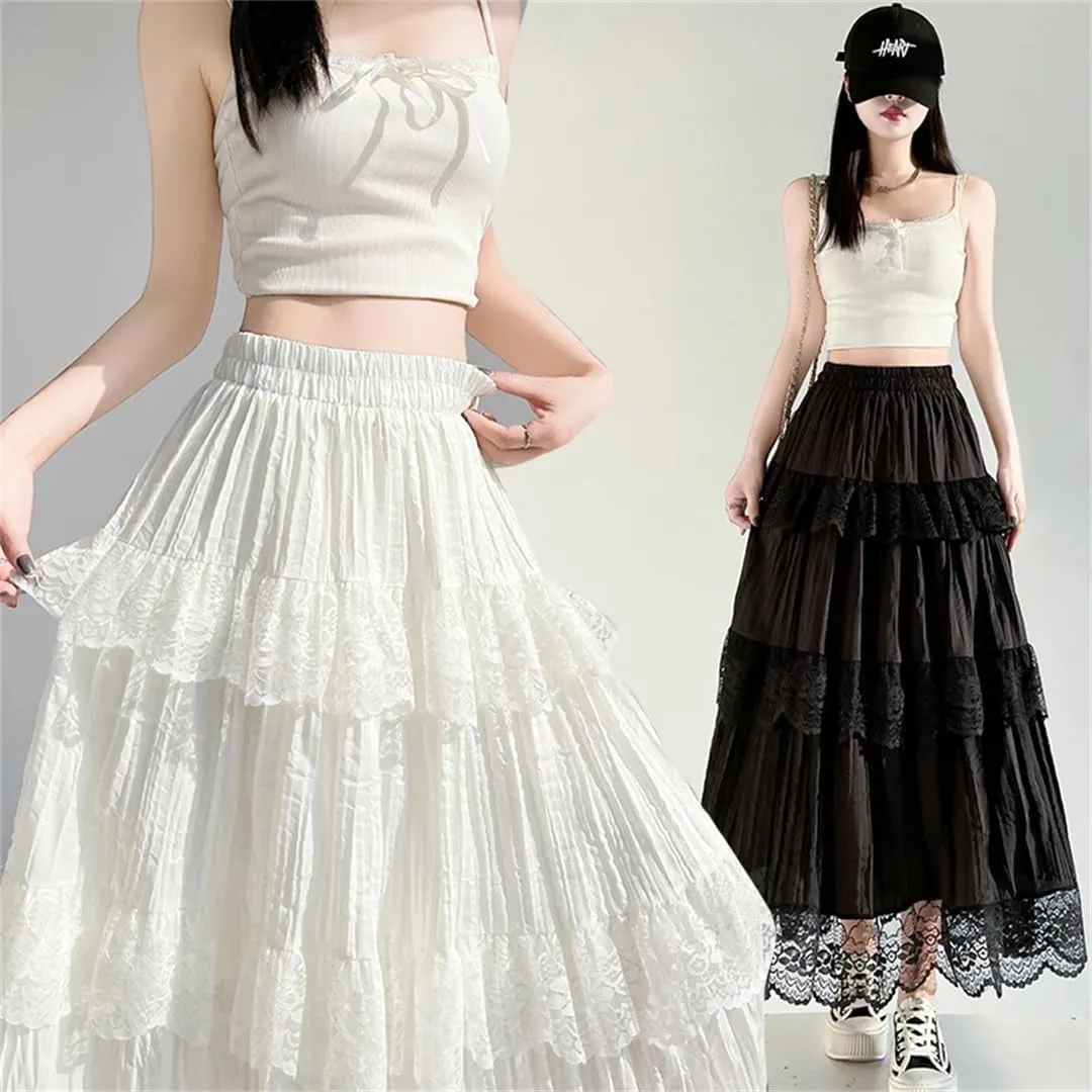 Women's Lace Patchwork Long Skirts High Waist Solid Pleated Cake A-Line Skirts