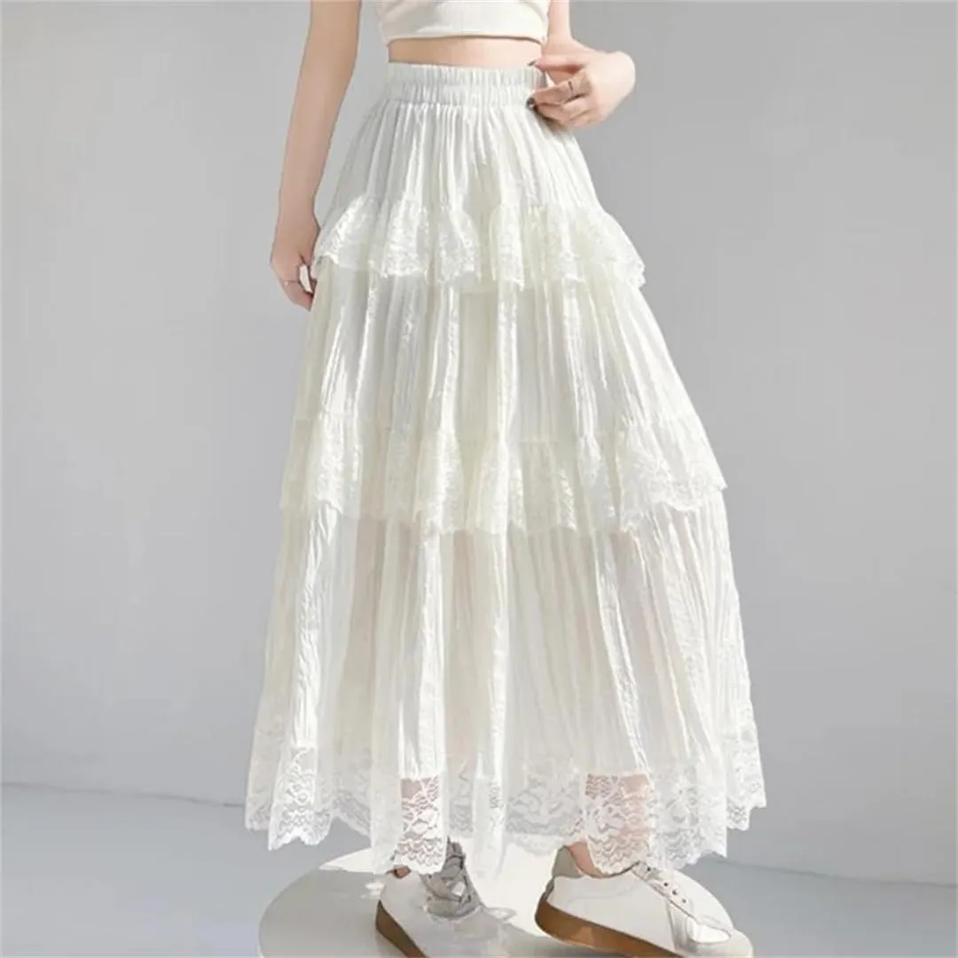 Women's Lace Patchwork Long Skirts High Waist Solid Pleated Cake A-Line Skirts