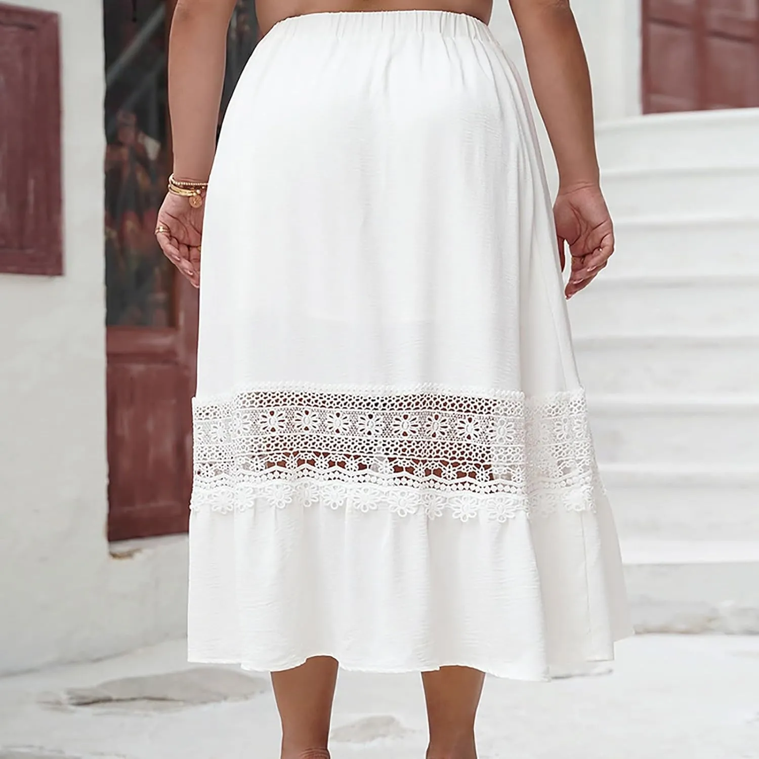 Women's Lace Patchwork Skirt Summer Elastic High Waist Pleated A-line Ruffle Skirts 2025 Fashion Boho Beach Skort