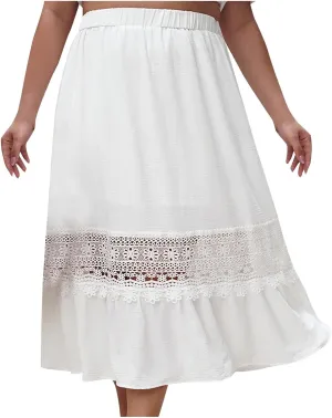 Women's Lace Patchwork Skirt Summer Elastic High Waist Pleated A-line Ruffle Skirts 2025 Fashion Boho Beach Skort