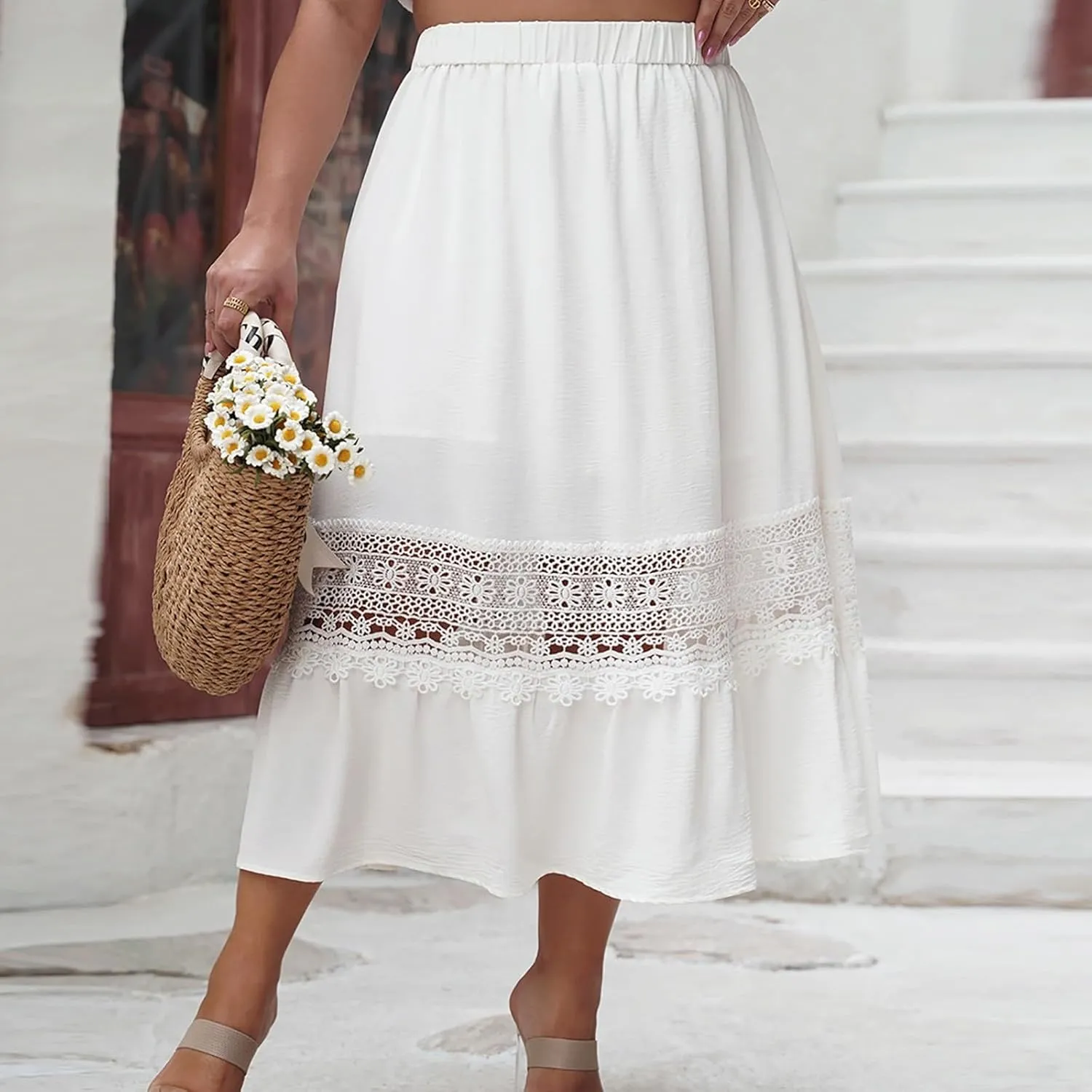 Women's Lace Patchwork Skirt Summer Elastic High Waist Pleated A-line Ruffle Skirts 2025 Fashion Boho Beach Skort