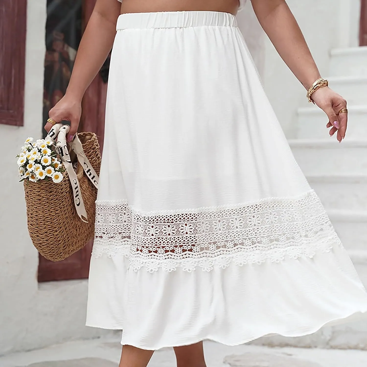 Women's Lace Patchwork Skirt Summer Elastic High Waist Pleated A-line Ruffle Skirts 2025 Fashion Boho Beach Skort