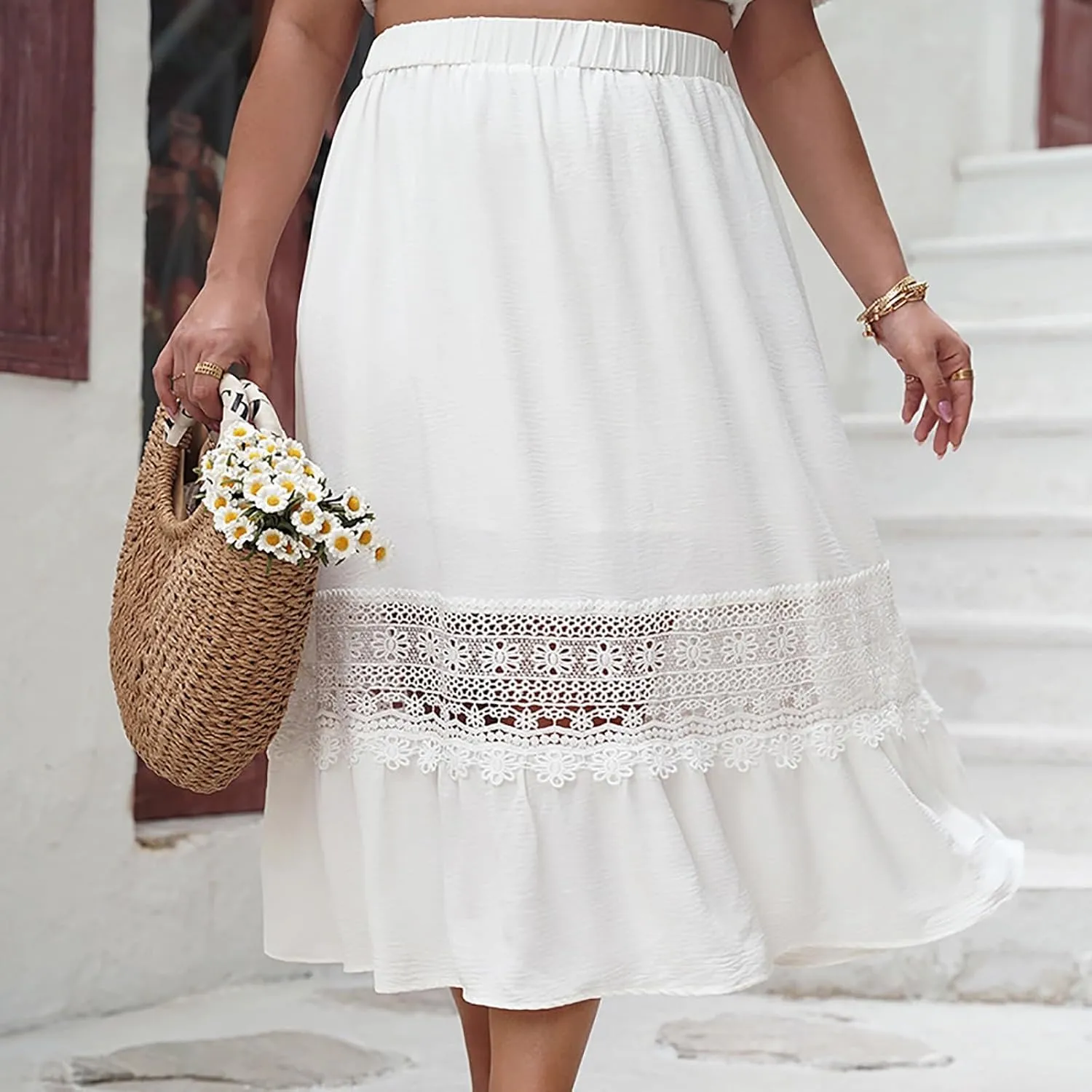 Women's Lace Patchwork Skirt Summer Elastic High Waist Pleated A-line Ruffle Skirts 2025 Fashion Boho Beach Skort