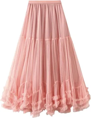 Women's Layered Tulle A Line Skirts Elastic High Waist Casual Midi Length Skirt