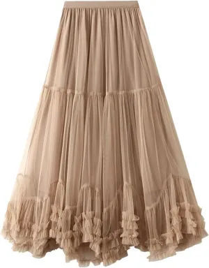 Women's Layered Tulle A Line Skirts Elastic High Waist Casual Midi Length Skirt