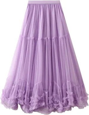 Women's Layered Tulle A Line Skirts Elastic High Waist Casual Midi Length Skirt
