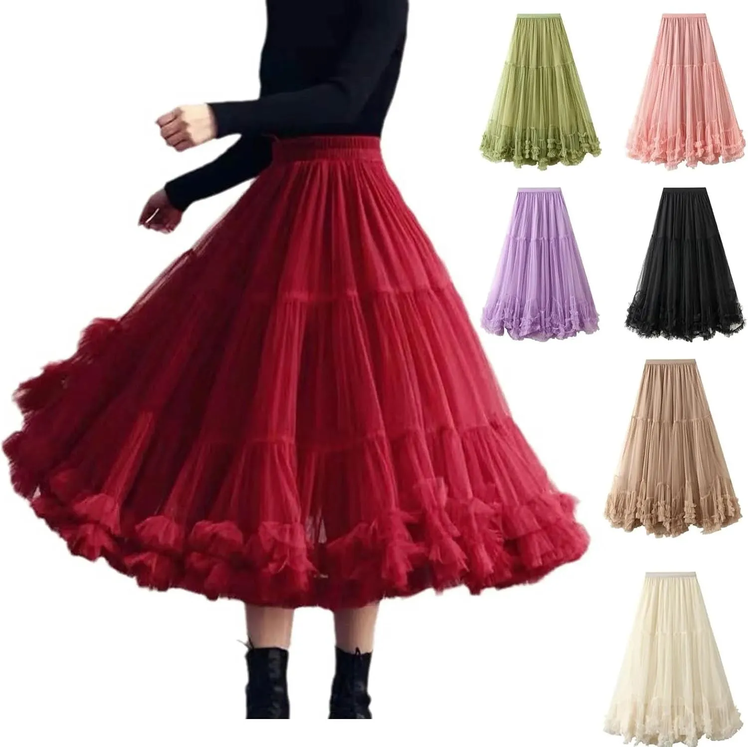 Women's Layered Tulle A Line Skirts Elastic High Waist Casual Midi Length Skirt