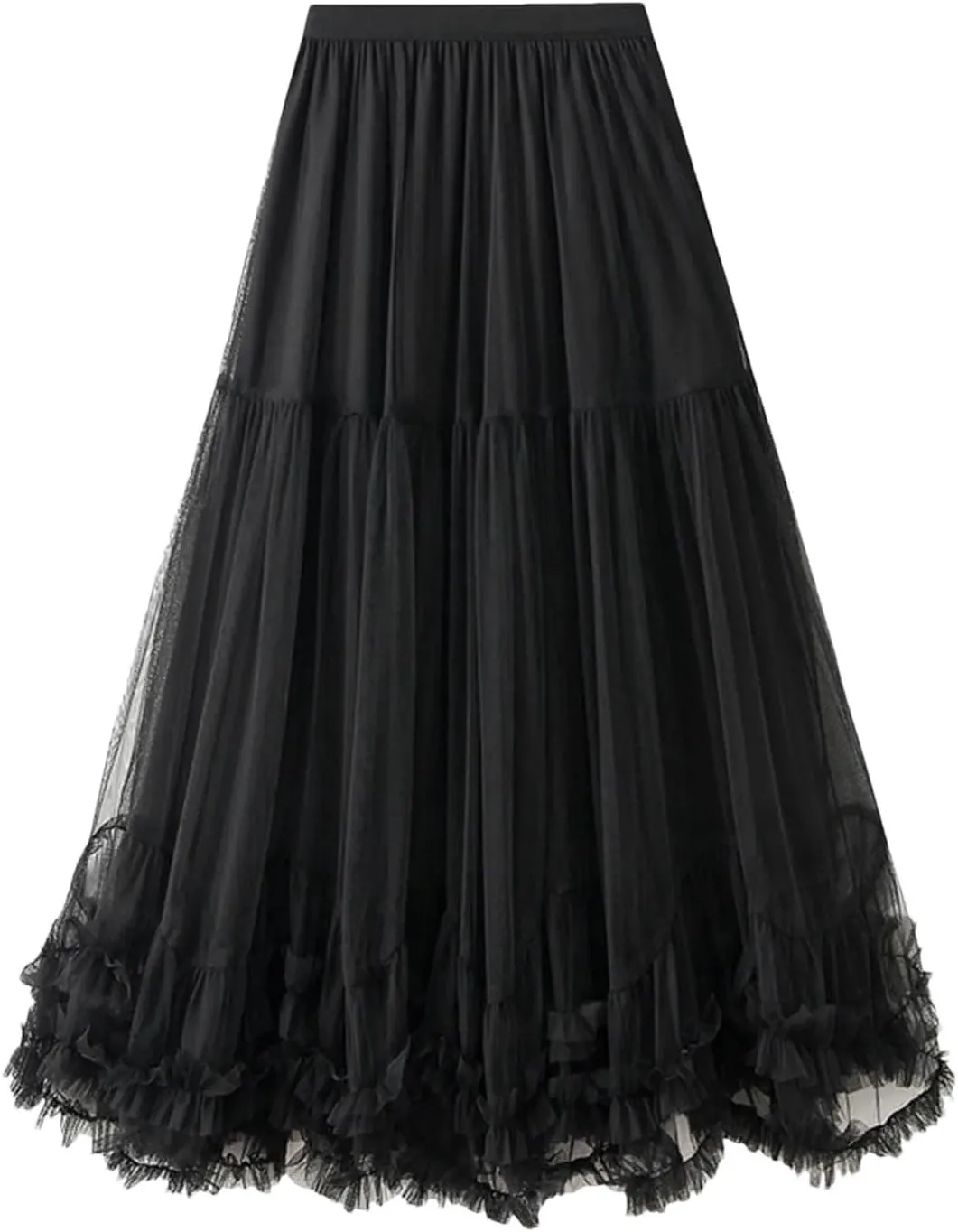 Women's Layered Tulle A Line Skirts Elastic High Waist Casual Midi Length Skirt