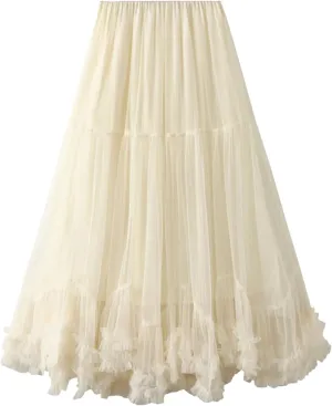 Women's Layered Tulle A Line Skirts Elastic High Waist Casual Midi Length Skirt