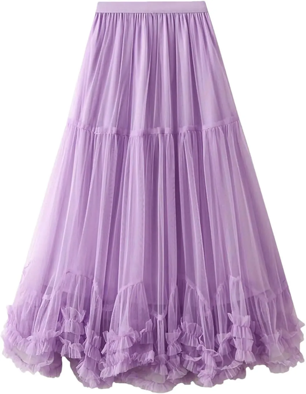 Women's Layered Tulle A Line Skirts Elastic High Waist Casual Midi Length Skirt
