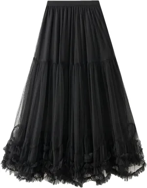 Women's Layered Tulle A Line Skirts Elastic High Waist Casual Midi Length Skirt