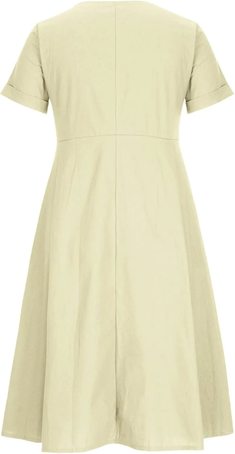 Women's Linen Midi Dress Elegant Button Down V-Neck Short Sleeve Dresses with Pockets Summer Beach Vacation Clothes