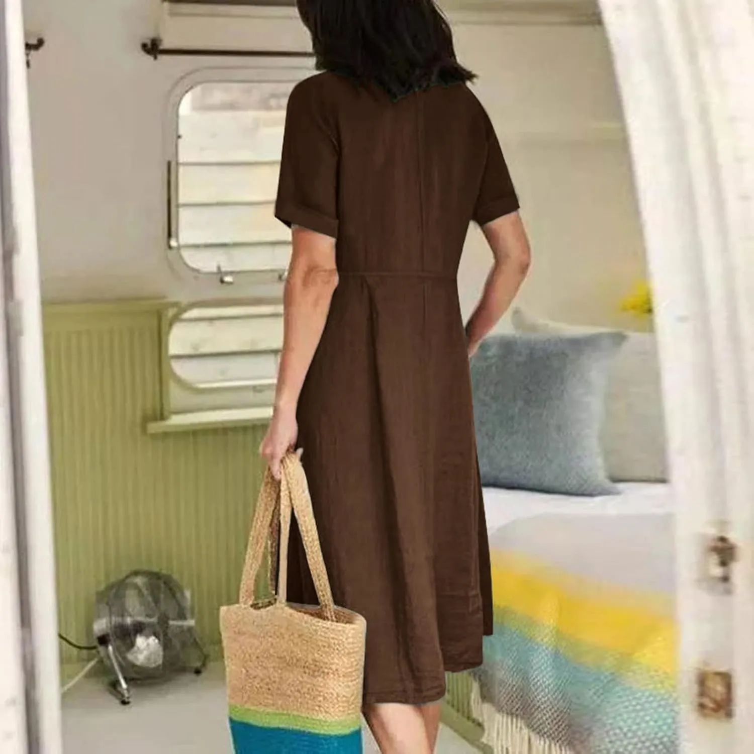 Women's Linen Midi Dress Elegant Button Down V-Neck Short Sleeve Dresses with Pockets Summer Beach Vacation Clothes