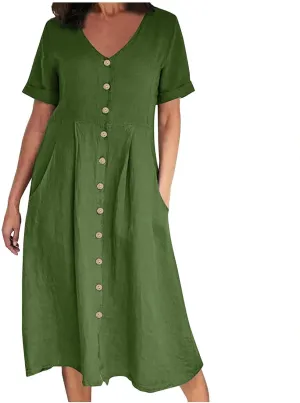 Women's Linen Midi Dress Elegant Button Down V-Neck Short Sleeve Dresses with Pockets Summer Beach Vacation Clothes