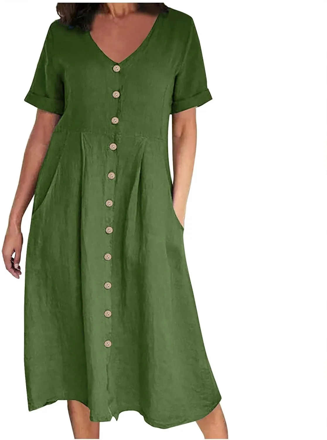 Women's Linen Midi Dress Elegant Button Down V-Neck Short Sleeve Dresses with Pockets Summer Beach Vacation Clothes